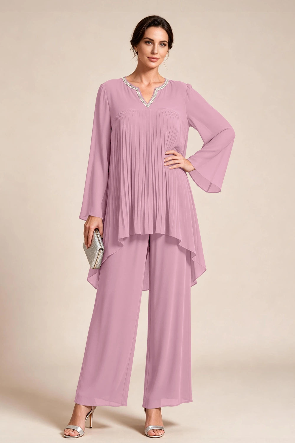 Beige Pleated-Bodice Chiffon Pant Suit