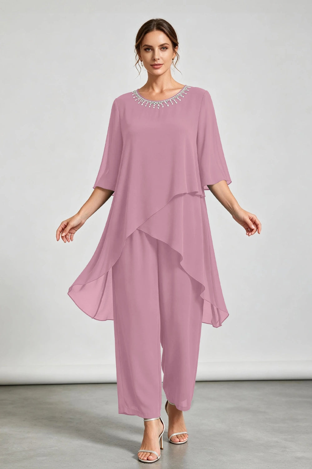 Peacock Blue Asymmetric Ruffle Chiffon Pant Suit