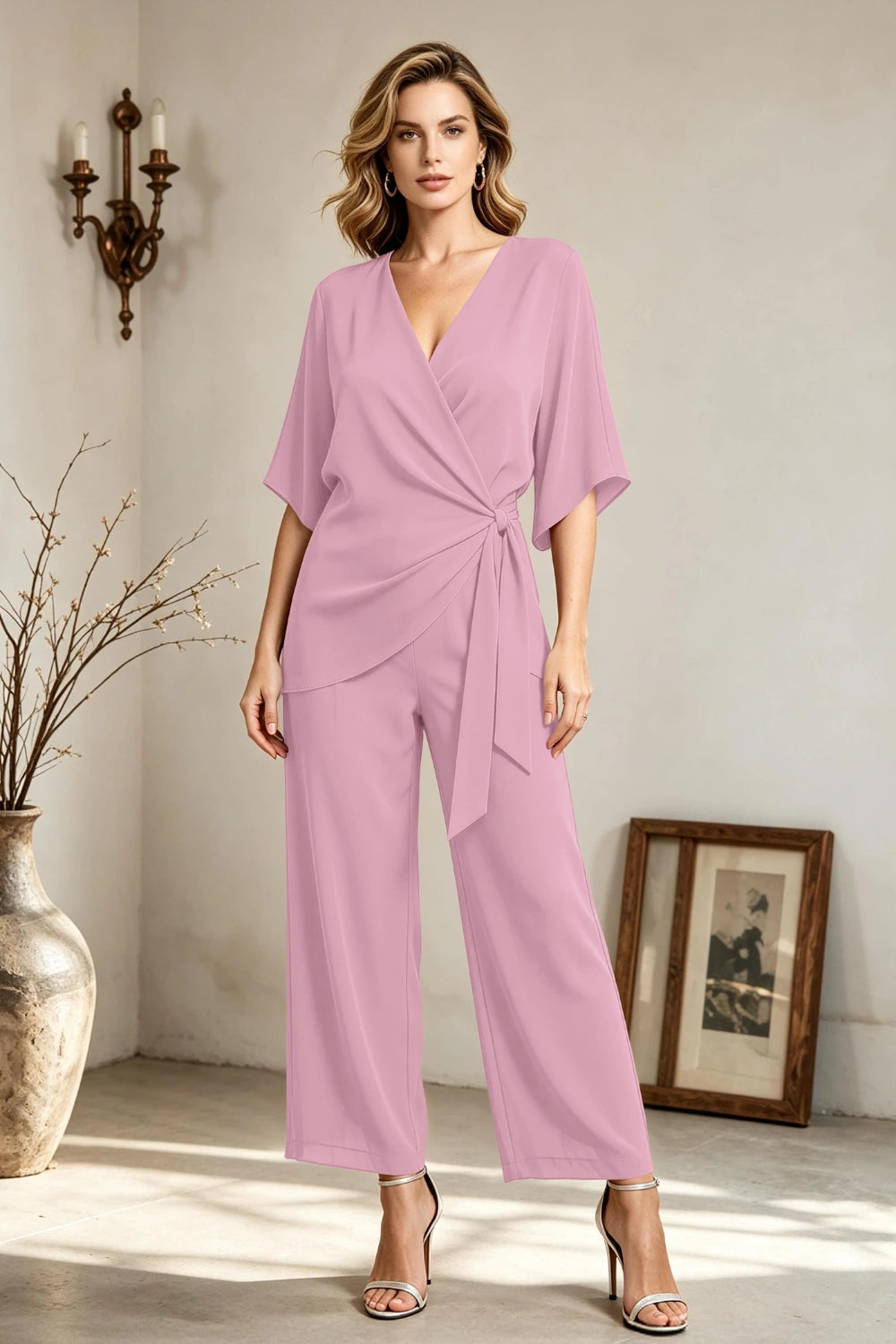 Copper Brown V-Neck Side-Tie Chiffon Pant Suit