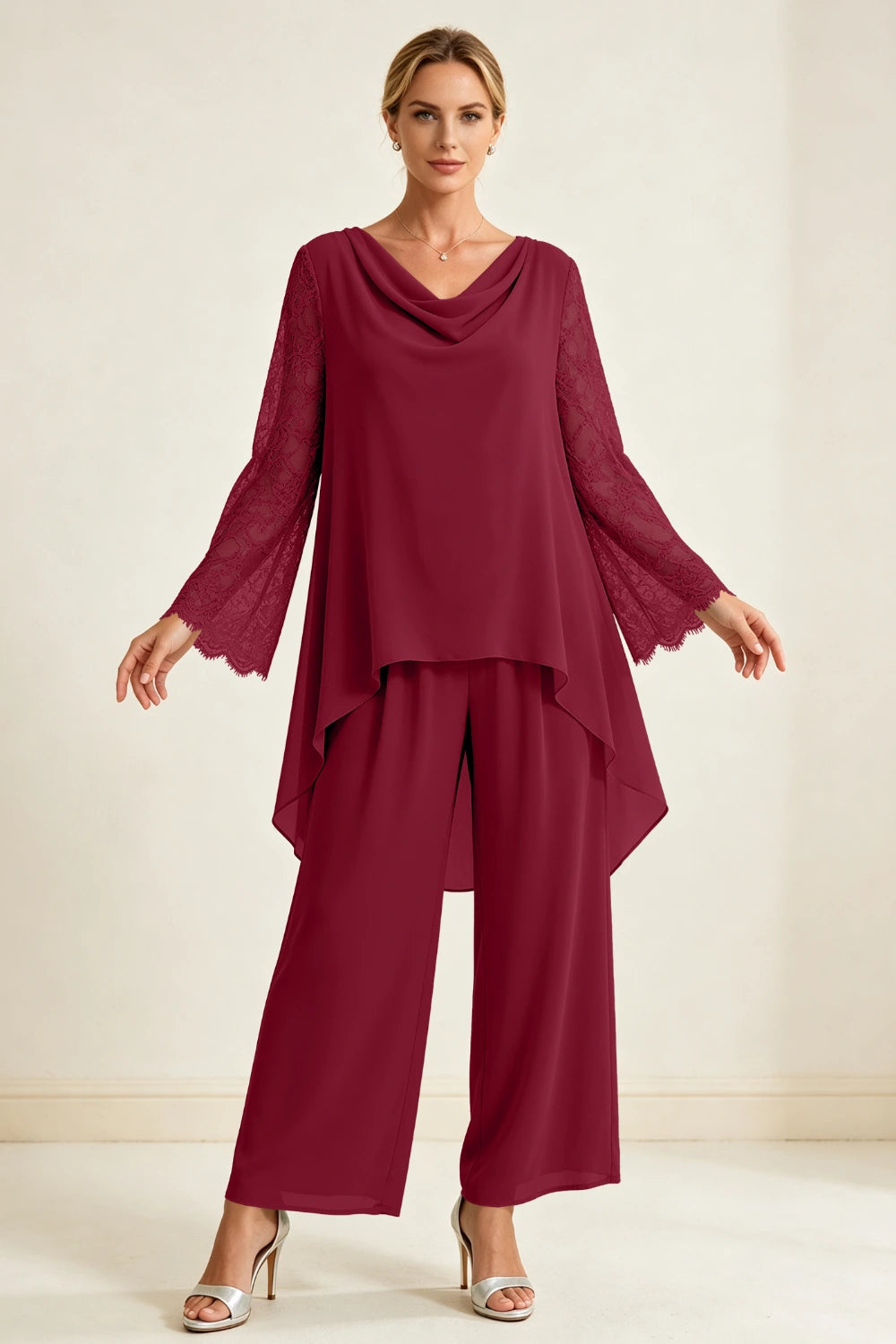Dusty Sage Beaded Cowl Neck Chiffon Pant Suit