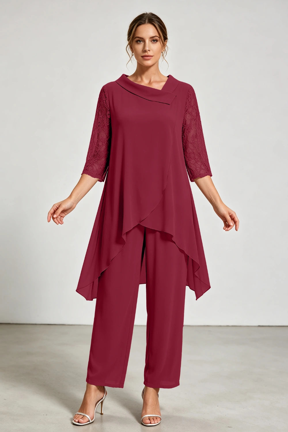 Beige Beaded Neck Lace Sleeve Chiffon Pant Suit