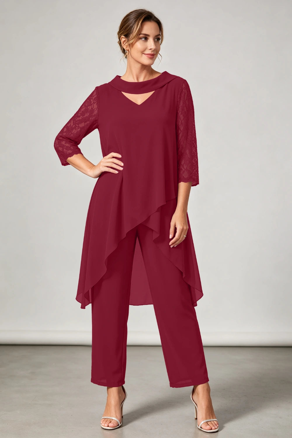 Plum Beaded V Neck Lace Sleeve Chiffon Pant Suit