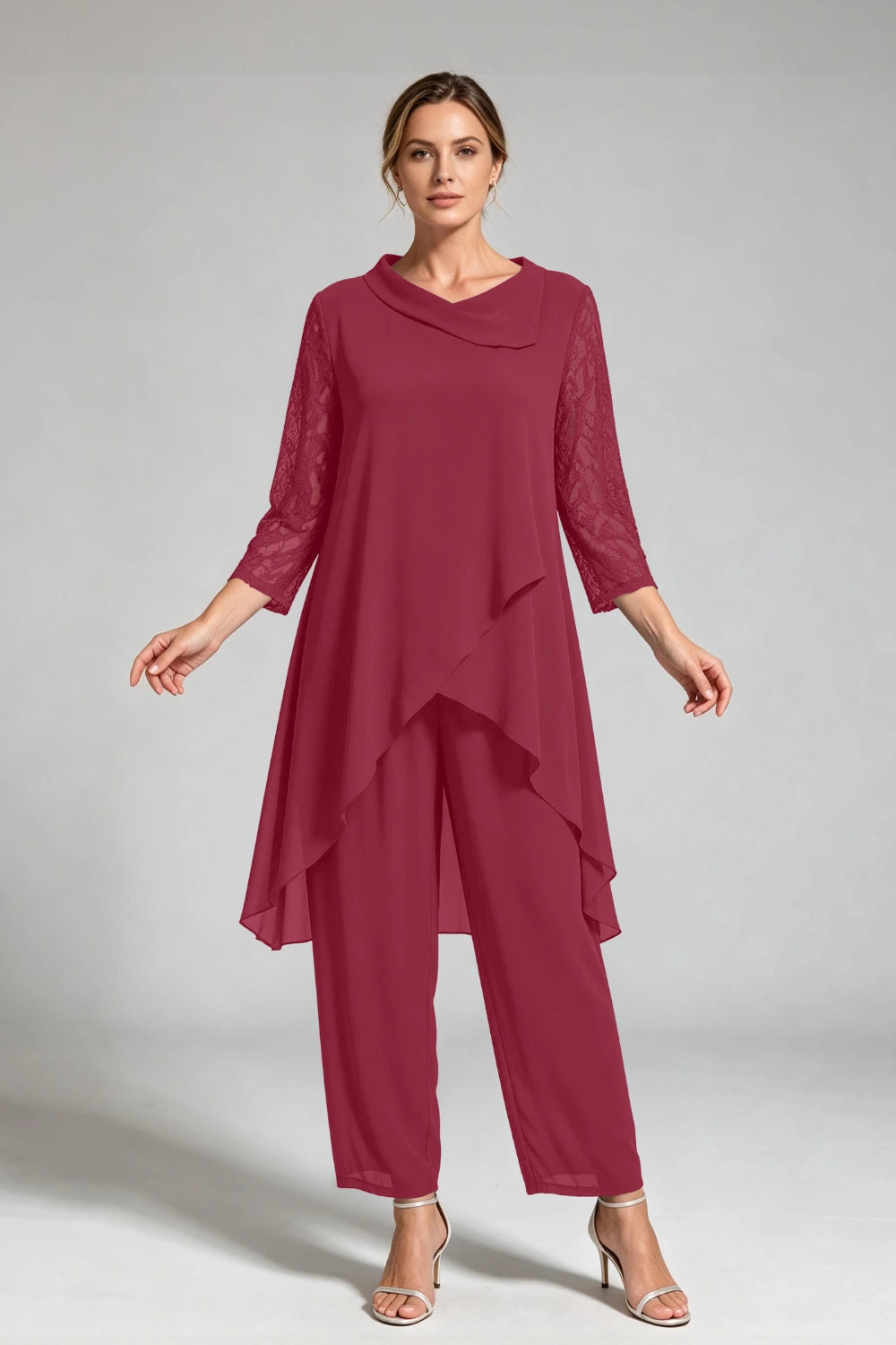 Peacock Blue Cowl Neck Lace Sleeve Chiffon Pant Suit