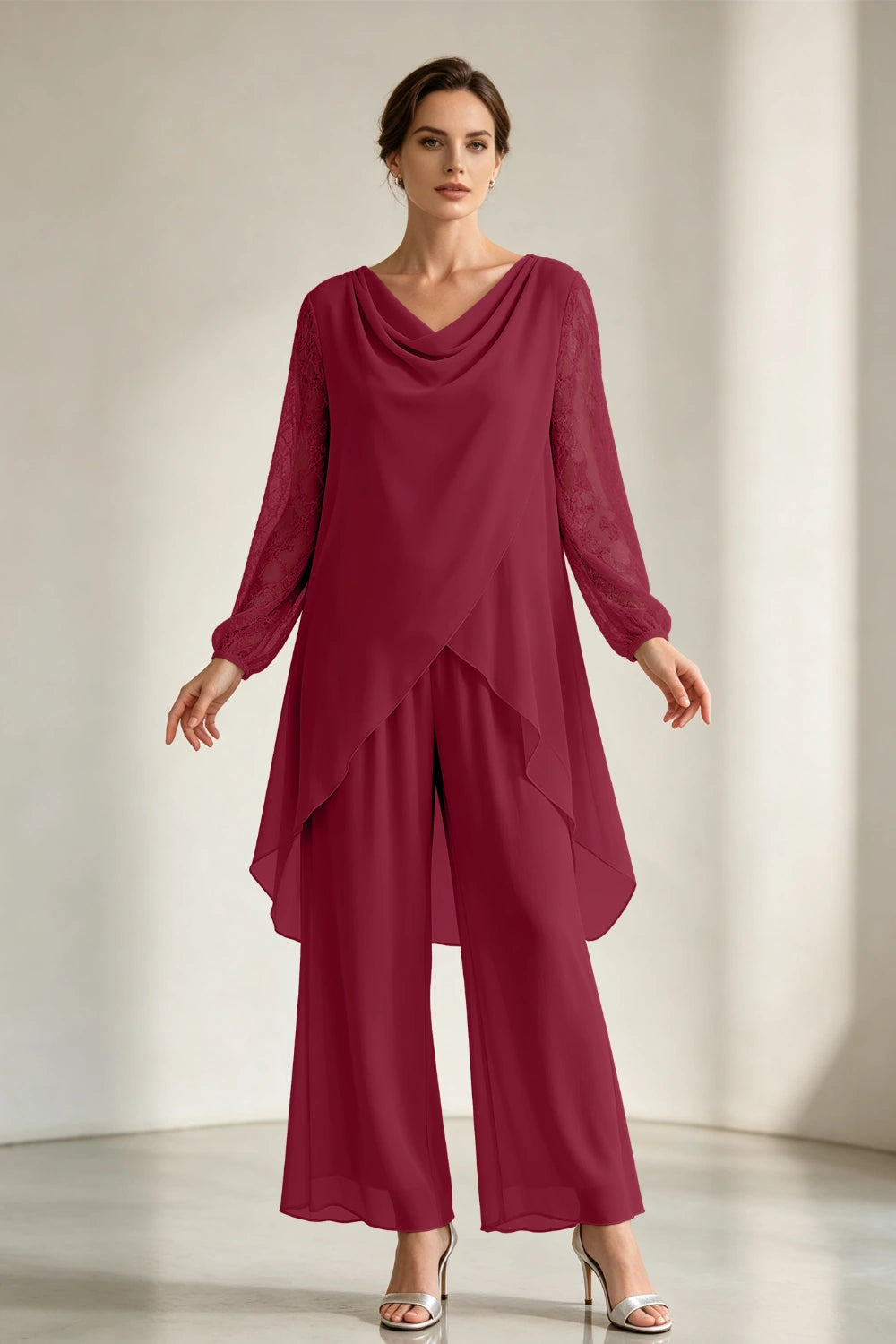 Champagne Draped Cowl Neck Chiffon Pant Suit