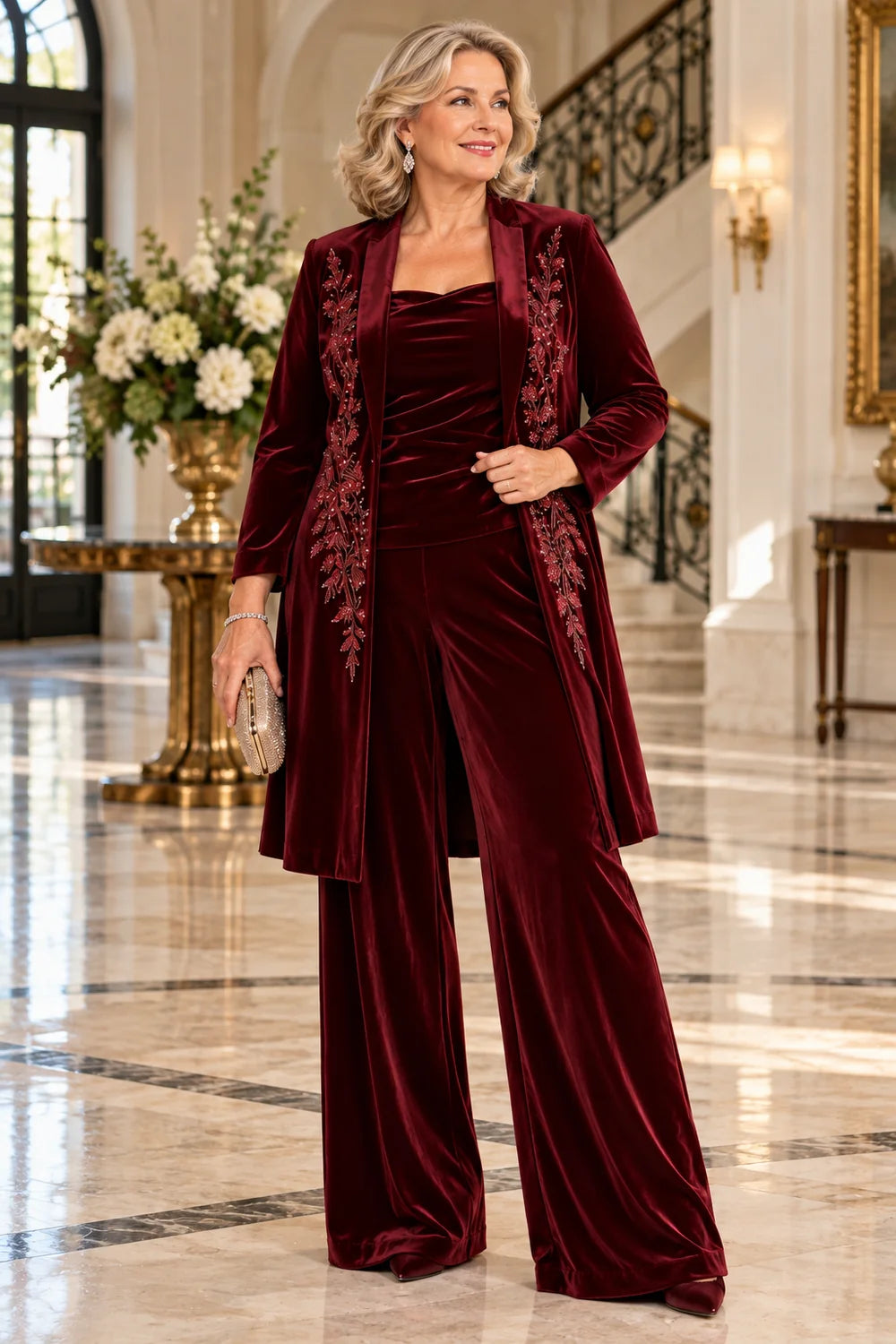 Burgundy Floral Long Jacket Mother of the Bride Pant Suit