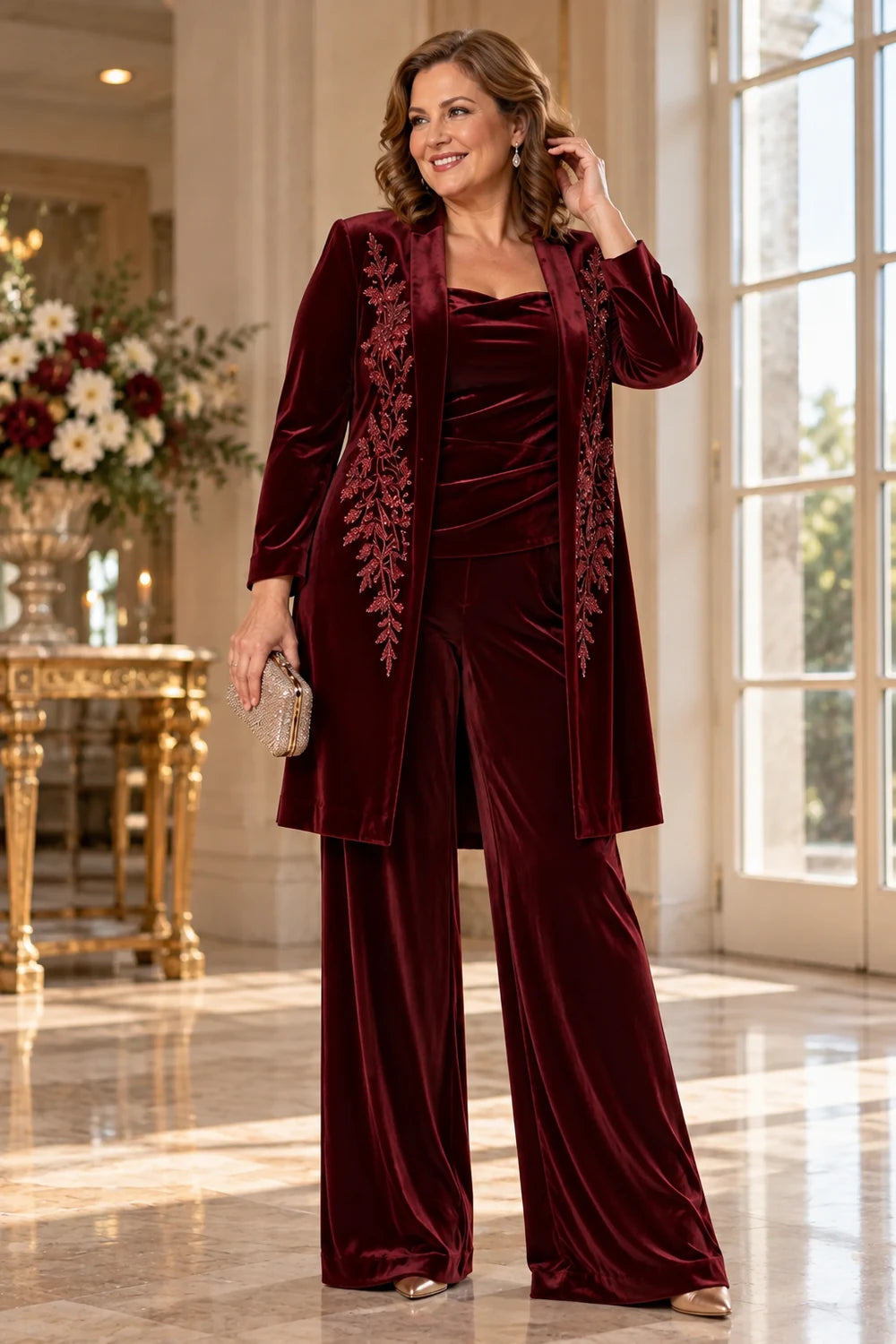 Burgundy Floral Long Jacket Mother of the Bride Pant Suit
