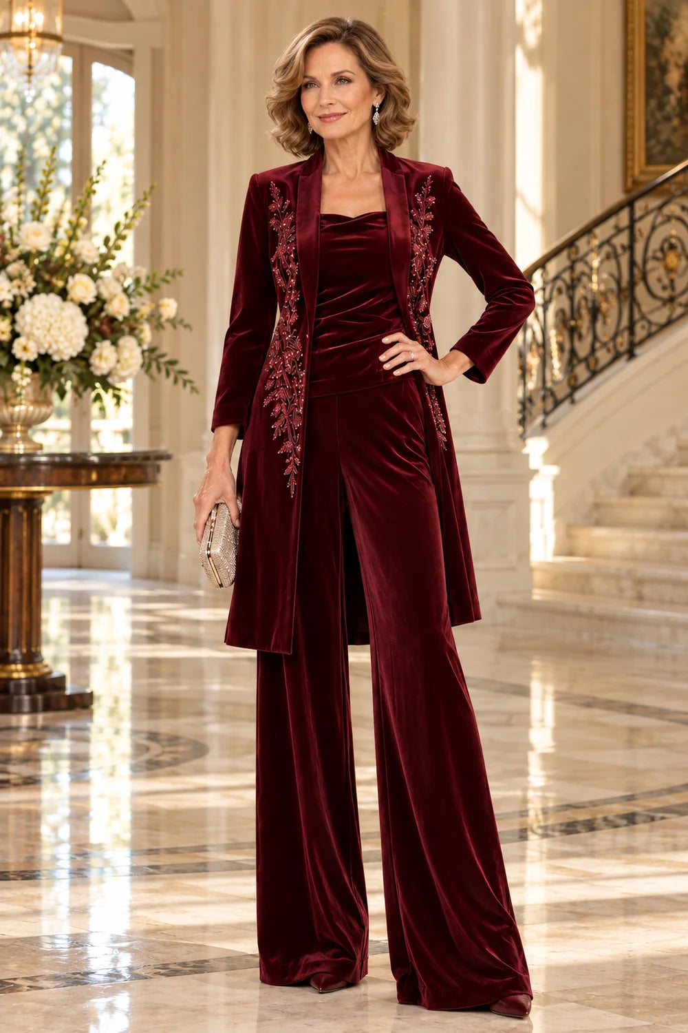 Burgundy Floral Long Jacket Mother of the Bride Pant Suit