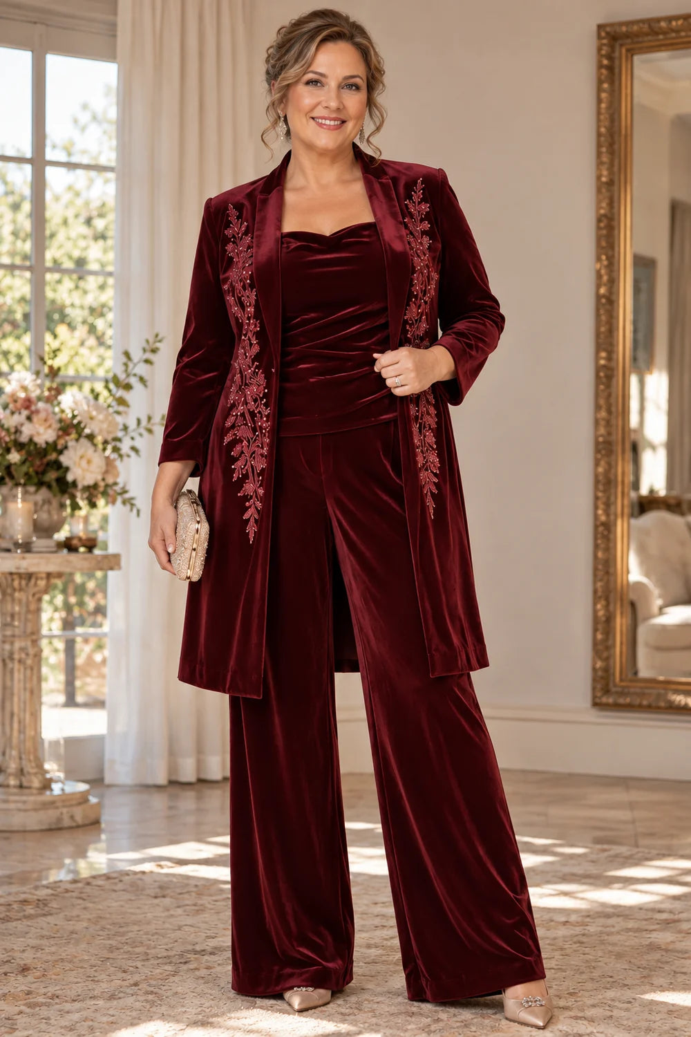 Burgundy Floral Long Jacket Mother of the Bride Pant Suit
