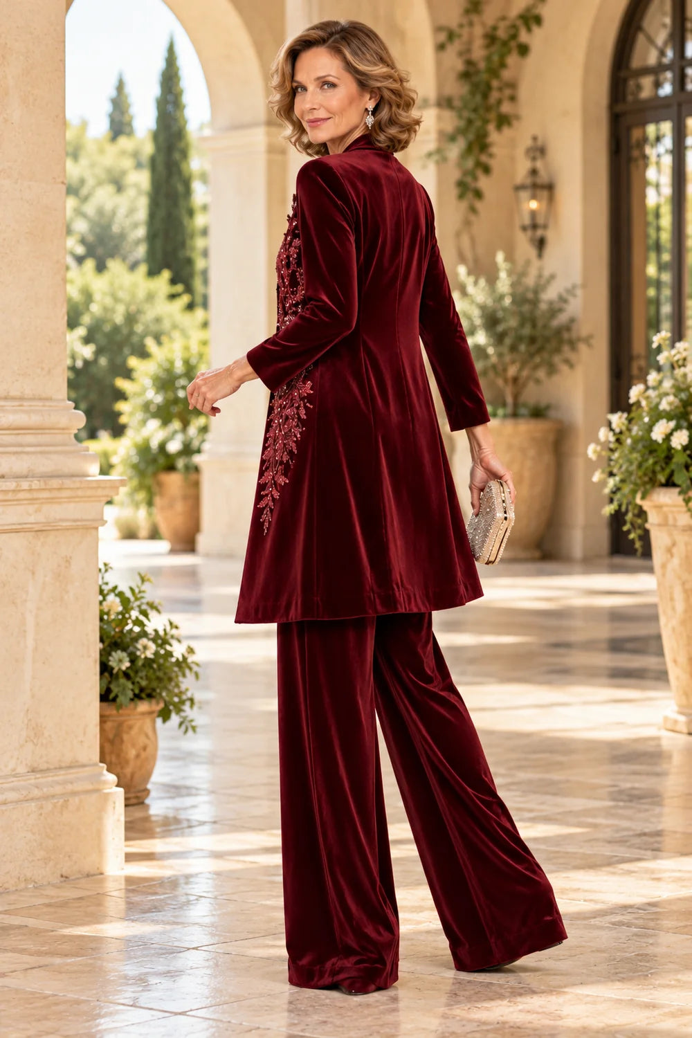 Burgundy Floral Long Jacket Mother of the Bride Pant Suit
