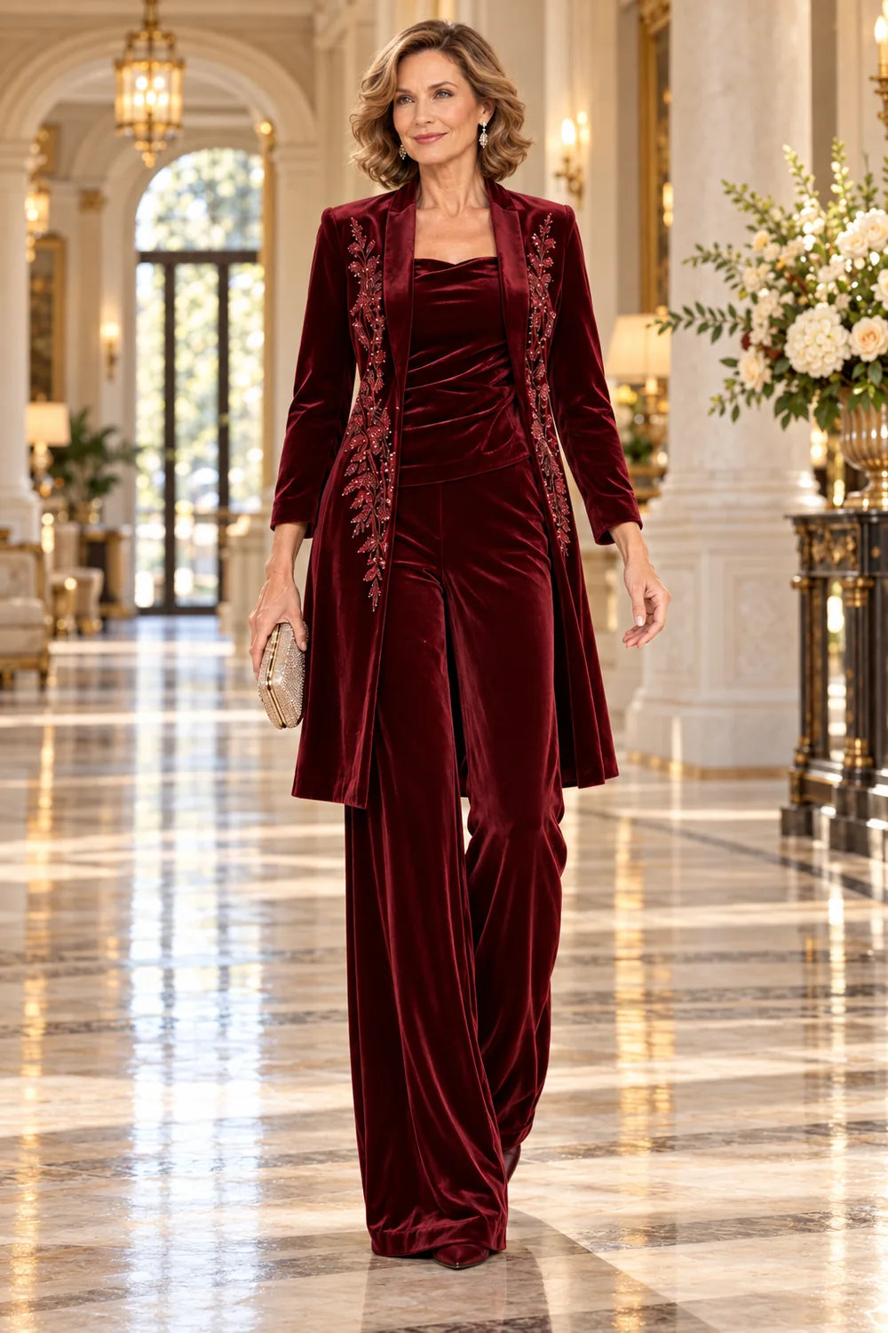 Burgundy Floral Long Jacket Mother of the Bride Pant Suit