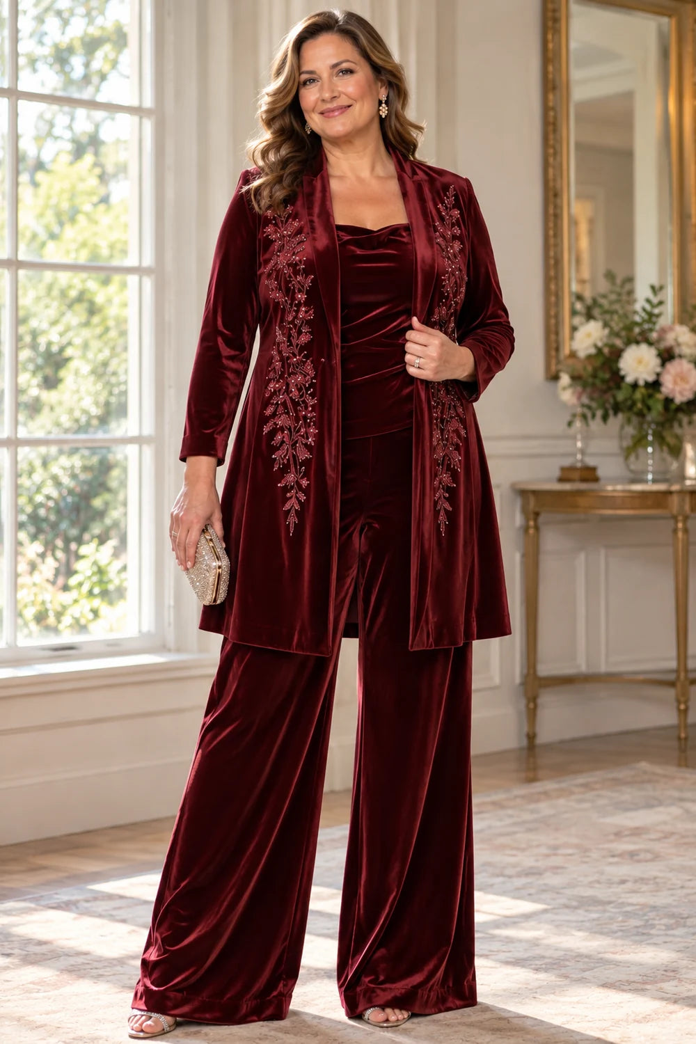 Burgundy Floral Long Jacket Mother of the Bride Pant Suit