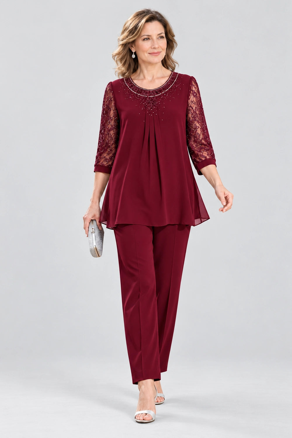 Beaded-Neck Lace-Sleeve Chiffon Pant Suit