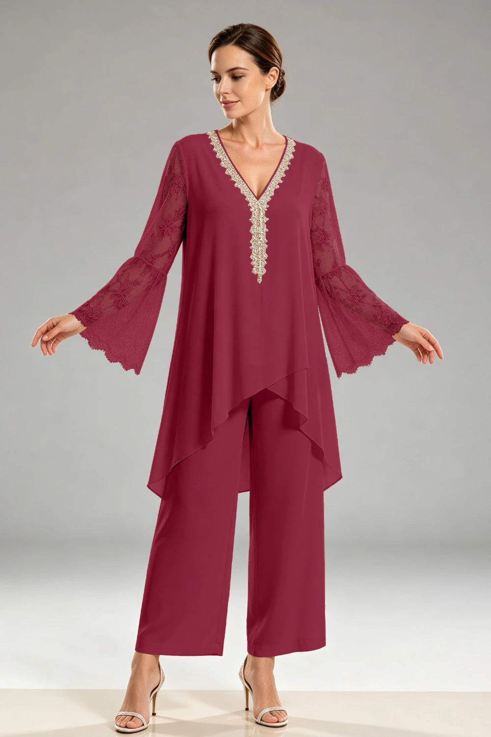Ivory Beaded Lace V Neck Chiffon Pant Suit
