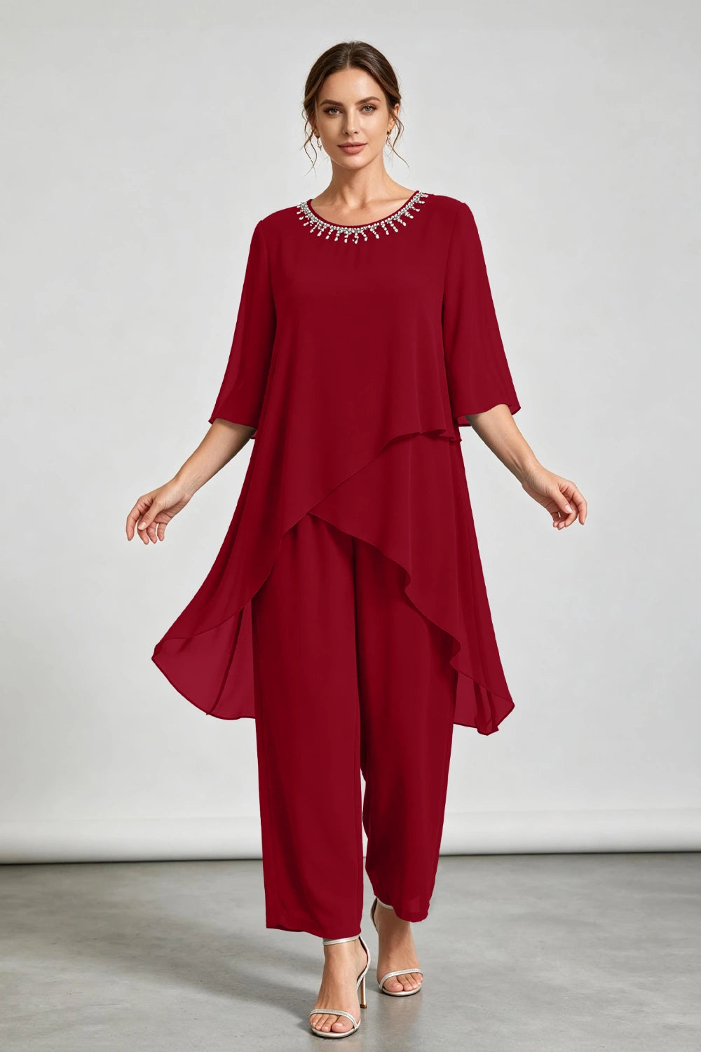 Peacock Blue Asymmetric Ruffle Chiffon Pant Suit