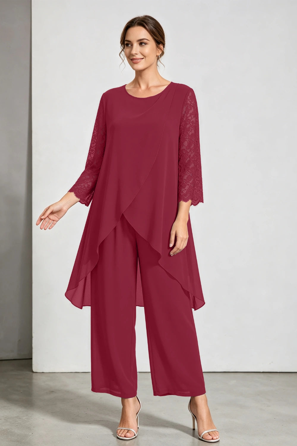 Peacock Blue Scoop Neck Tiered Chiffon Pant Suit