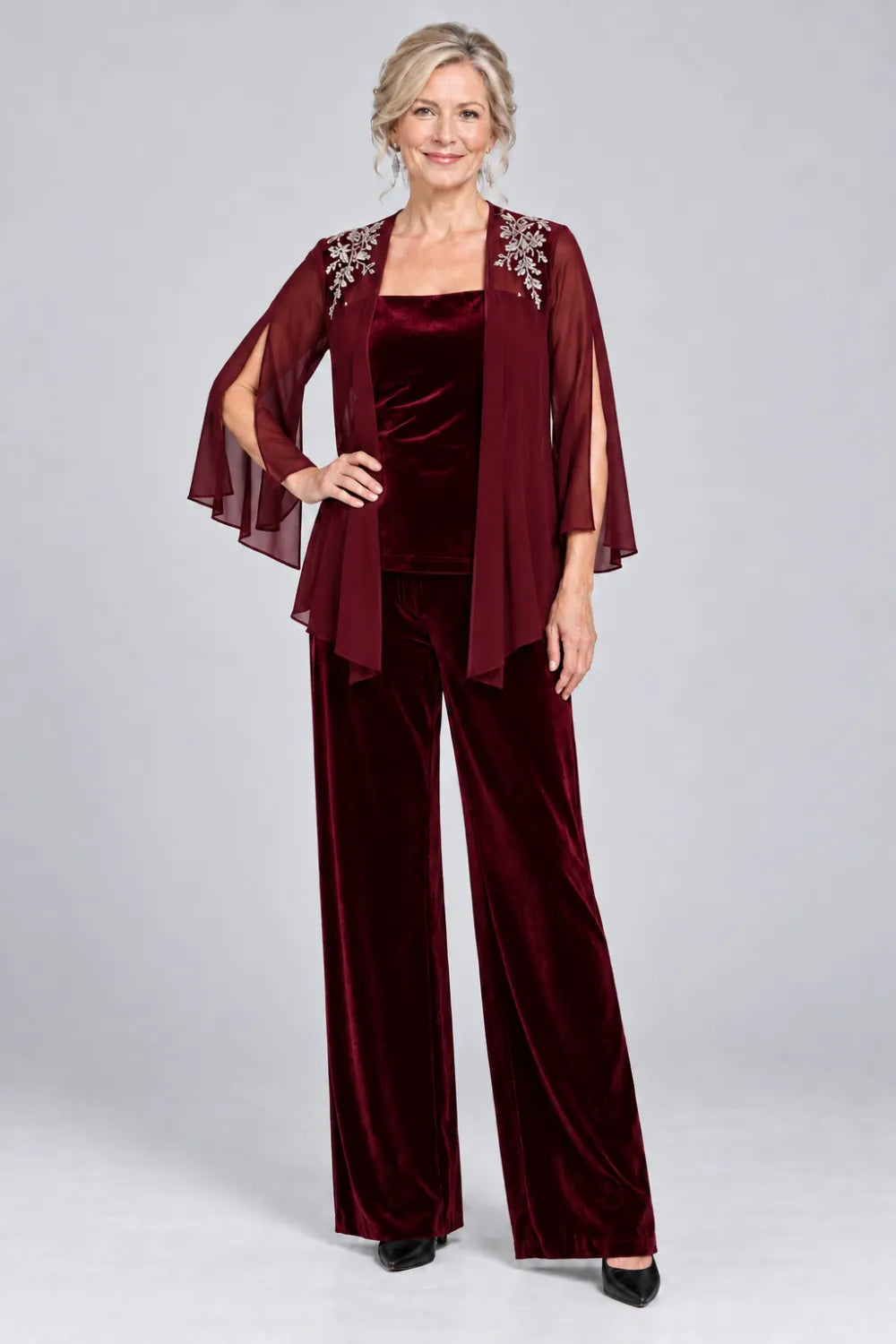 Burgundy pant suit with floral shoulder embroidery and square-neck top, front view.
