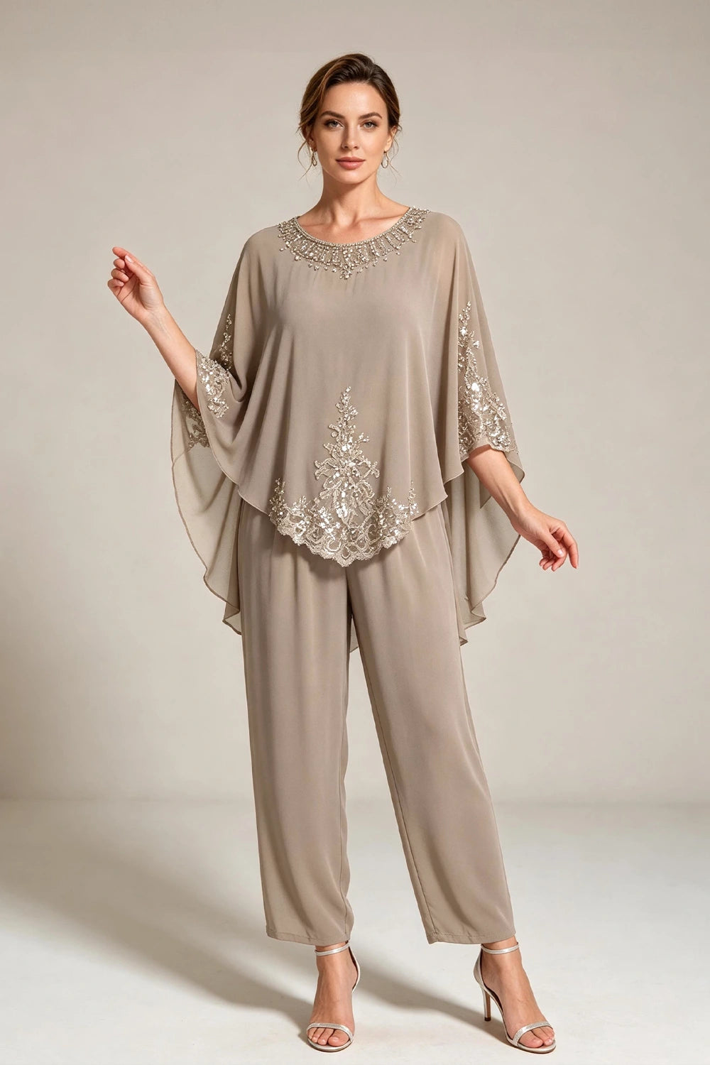 Beige Beaded-Lace Cape-Sleeve Chiffon Pant Suit