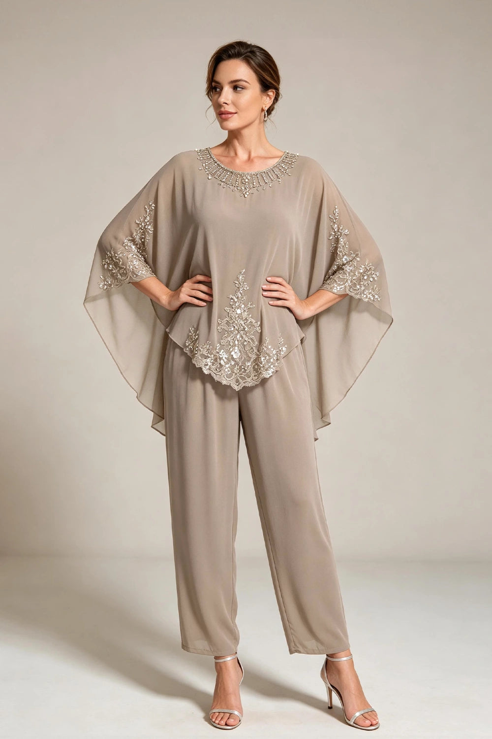 Beige Beaded-Lace Cape-Sleeve Chiffon Pant Suit