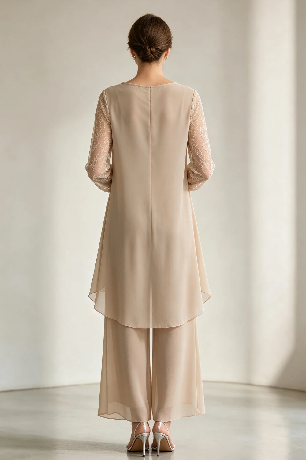 Champagne Draped Cowl Neck Chiffon Pant Suit