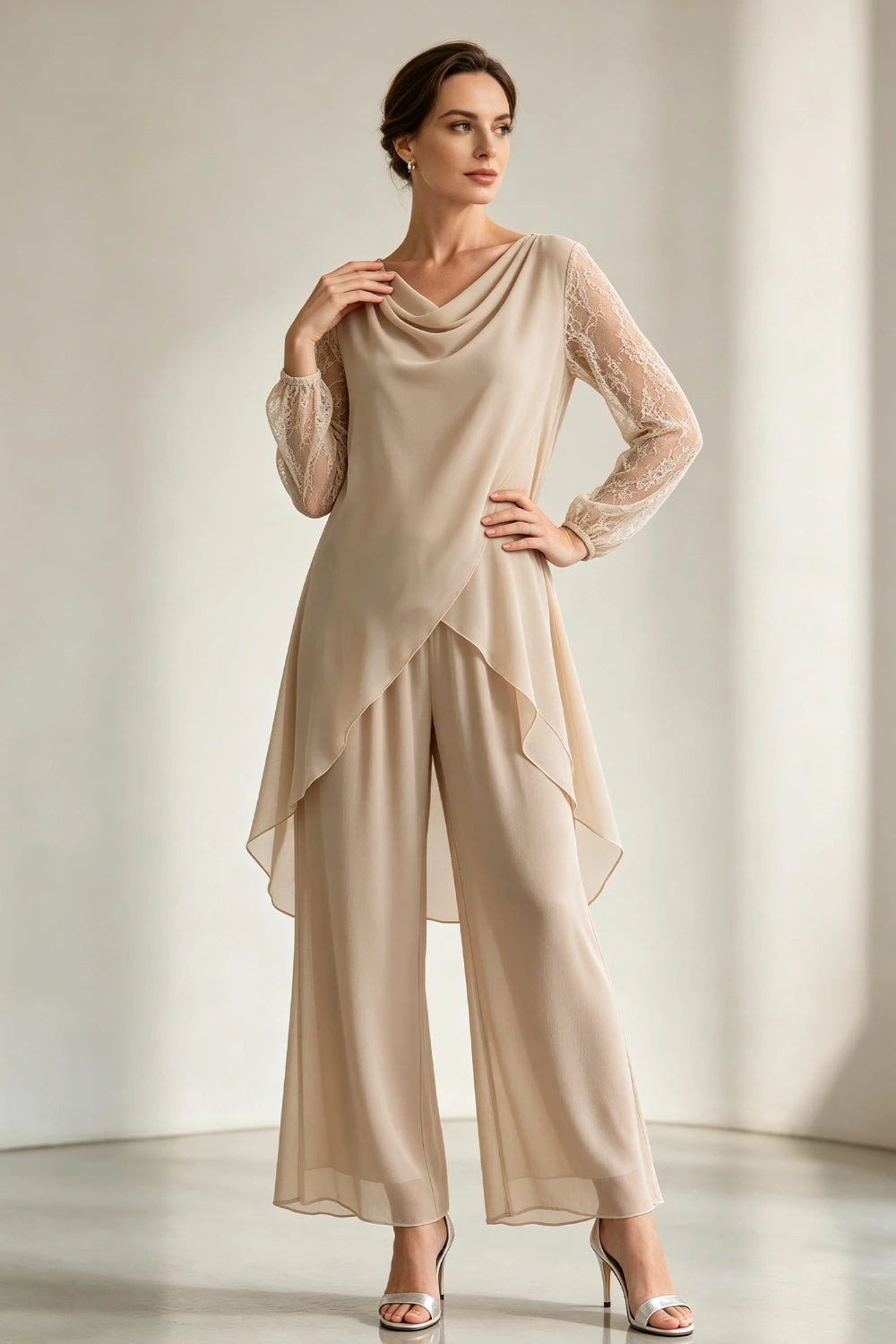 Champagne Draped Cowl Neck Chiffon Pant Suit