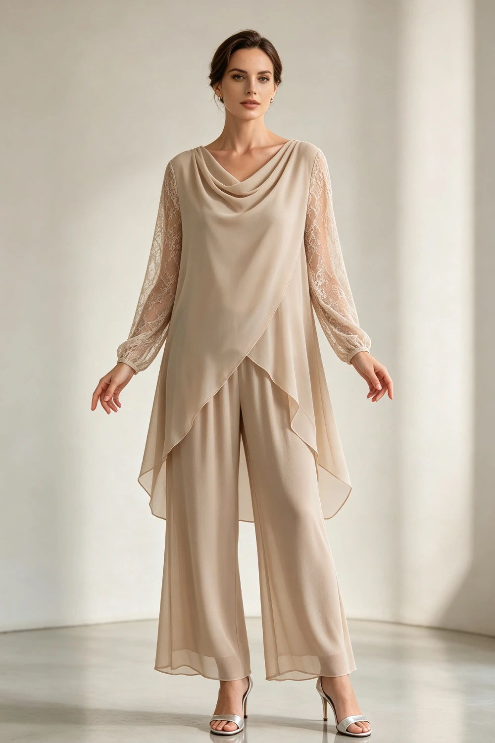 Champagne Draped Cowl Neck Chiffon Pant Suit
