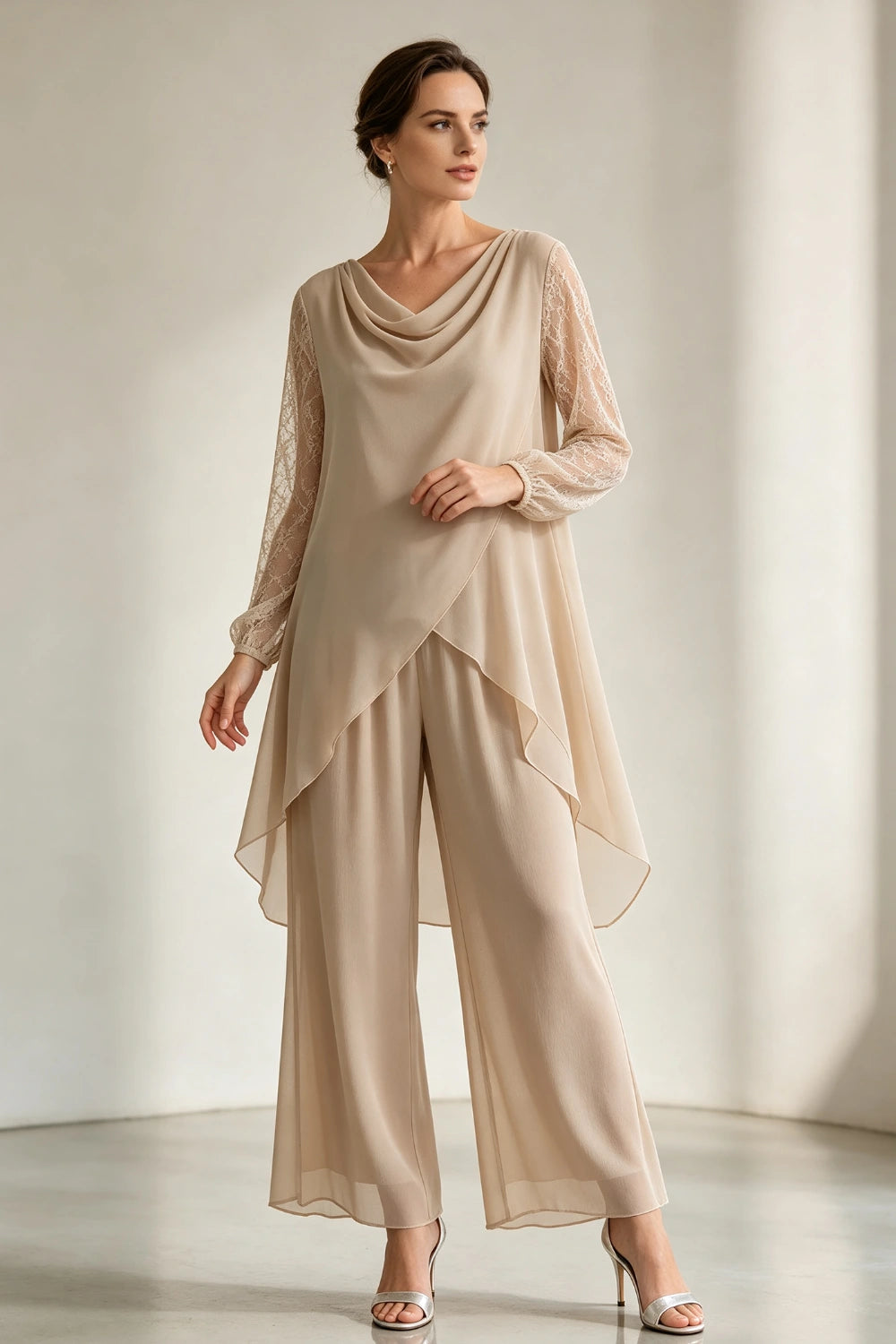 Champagne Draped Cowl Neck Chiffon Pant Suit