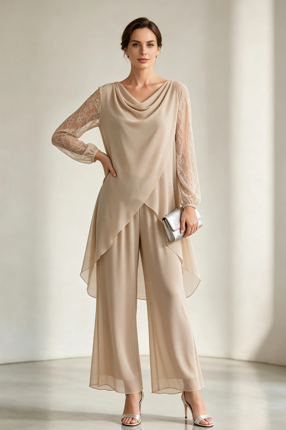 Champagne Draped Cowl Neck Chiffon Pant Suit