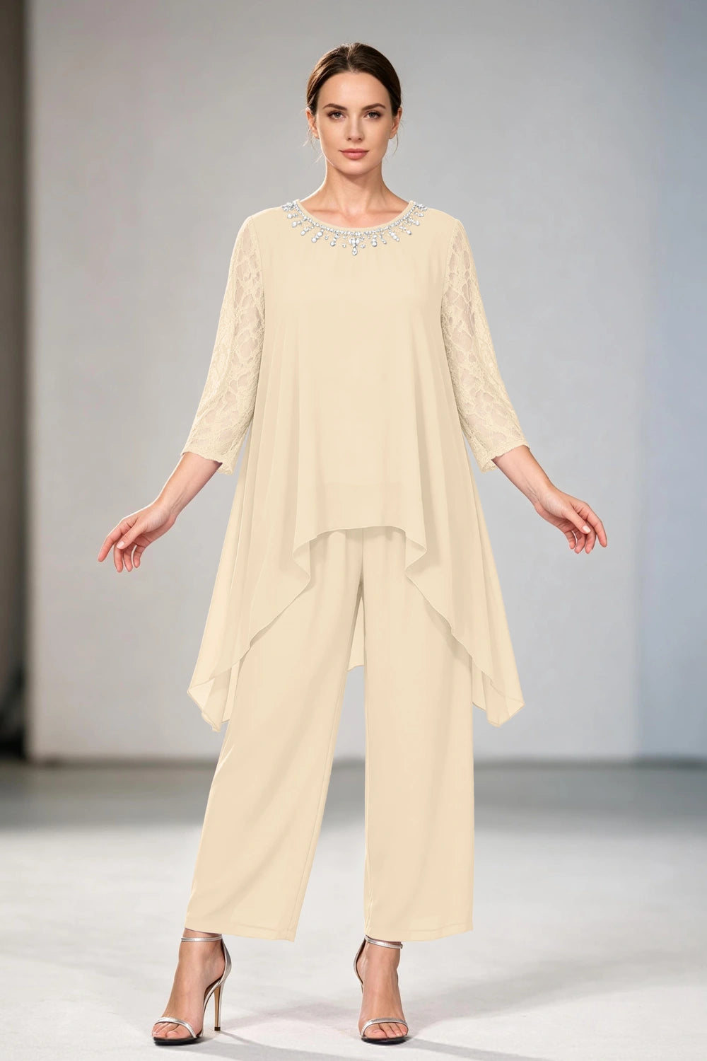 Dusty Lavender Lace-Sleeve Handkerchief-Hem Chiffon Pant Suit