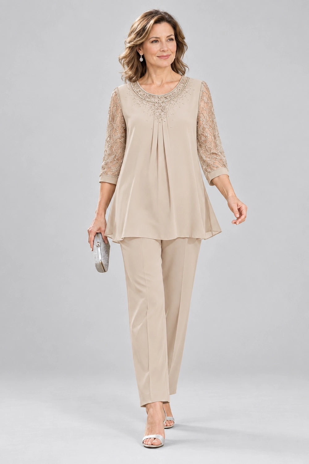 Beaded-Neck Lace-Sleeve Chiffon Pant Suit
