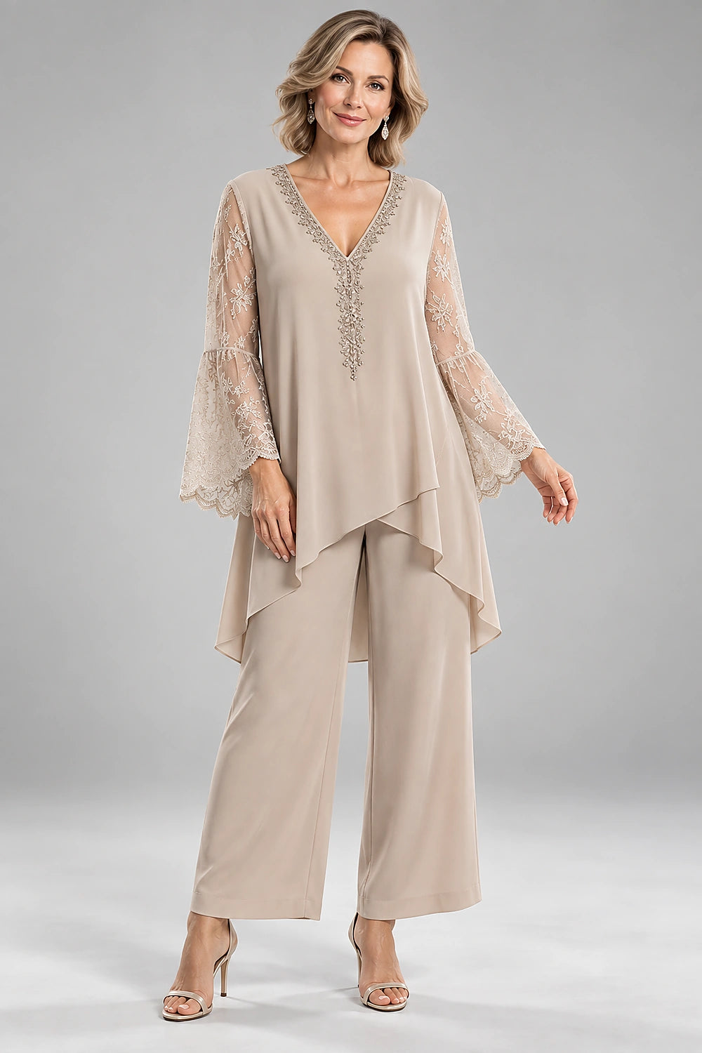 Beaded Lace V Neck Chiffon Pant Suit