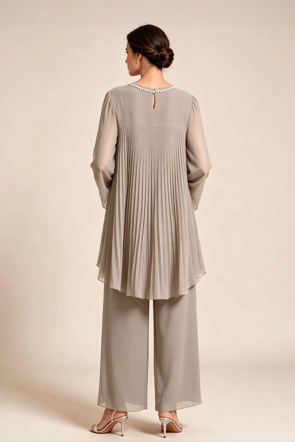 Beige Pleated-Bodice Chiffon Pant Suit