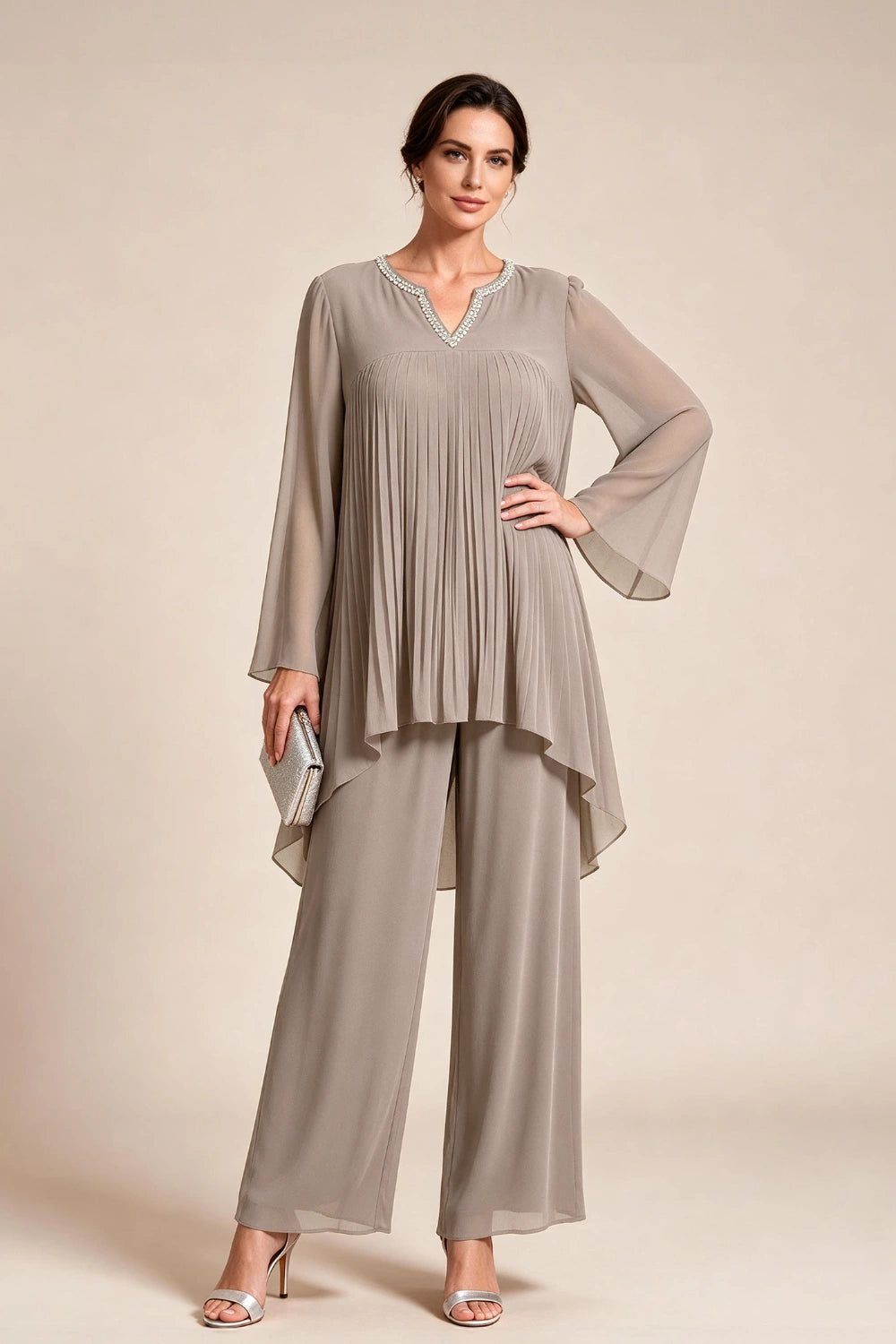 Beige Pleated-Bodice Chiffon Pant Suit