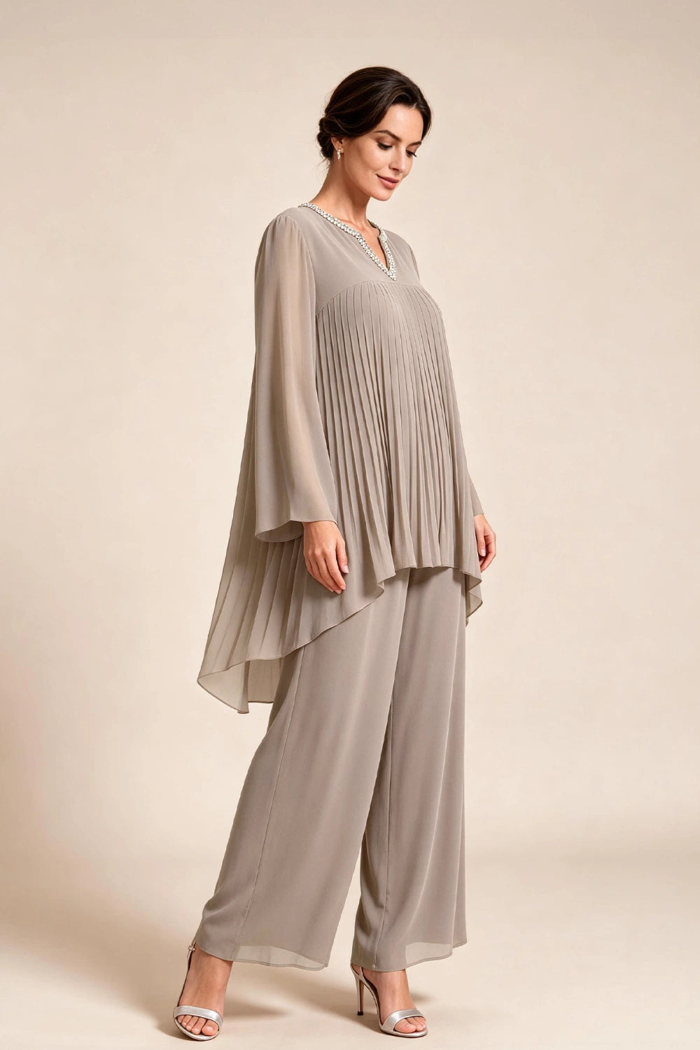 Beige Pleated-Bodice Chiffon Pant Suit