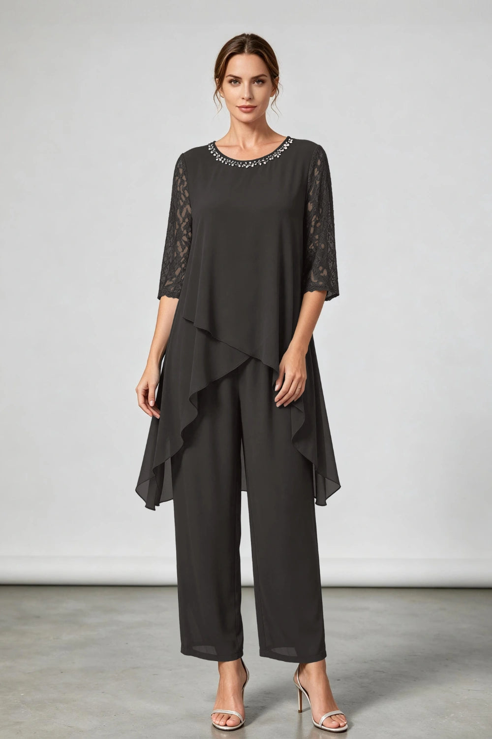 Peacock Blue Beaded-Neck Tiered Chiffon Pant Suit