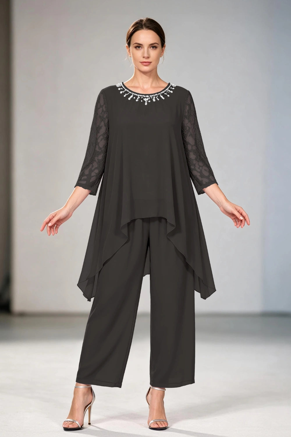 Dusty Lavender Lace-Sleeve Handkerchief-Hem Chiffon Pant Suit
