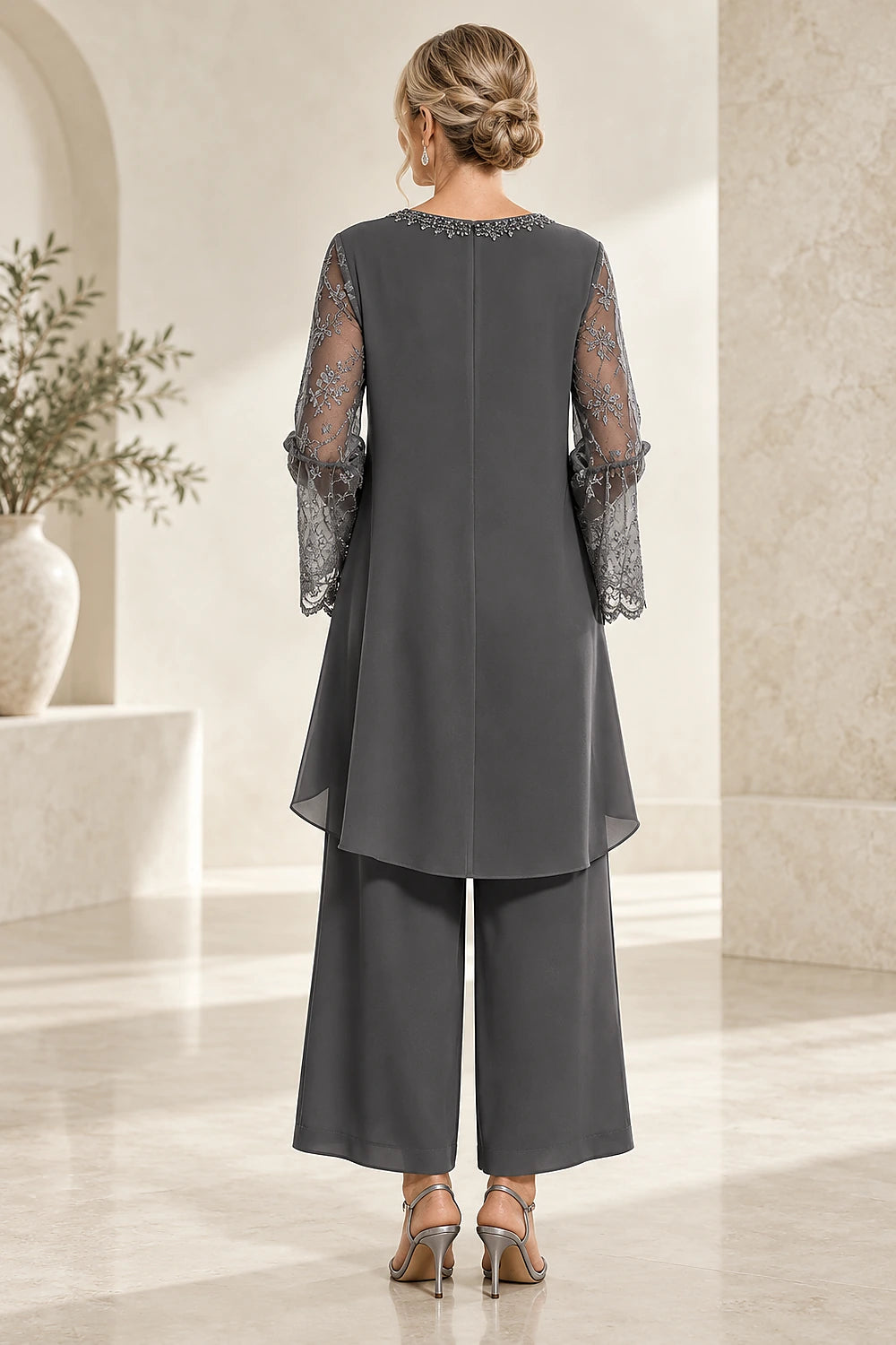Beaded Lace V Neck Chiffon Pant Suit