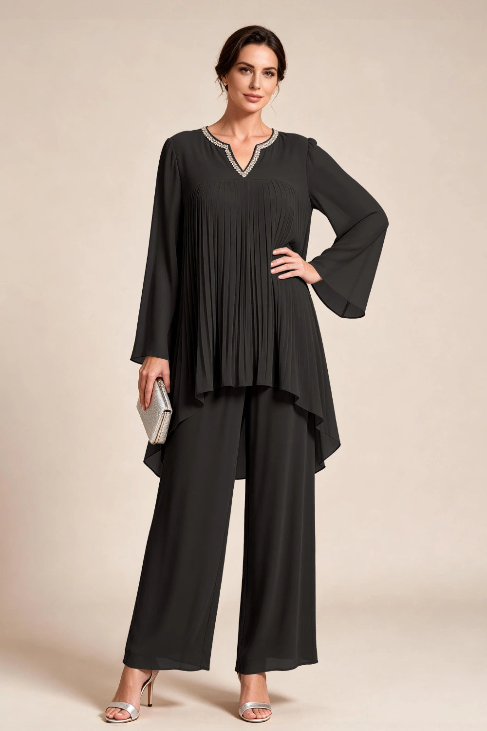 Beige Pleated-Bodice Chiffon Pant Suit