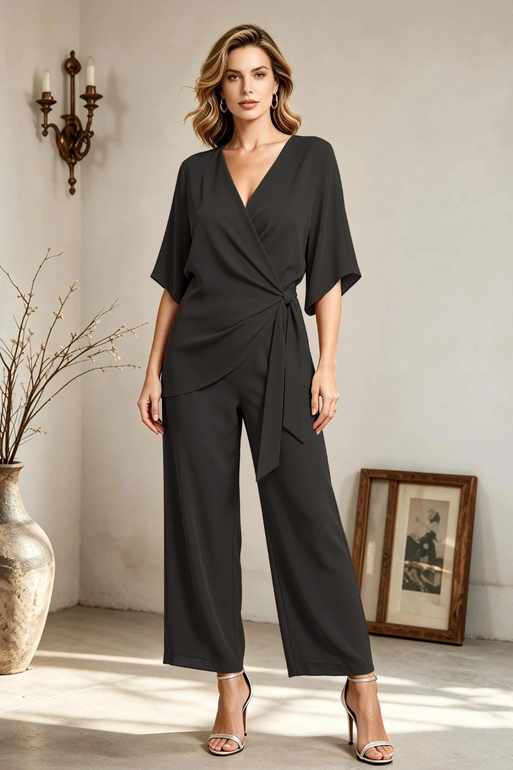Copper Brown V-Neck Side-Tie Chiffon Pant Suit