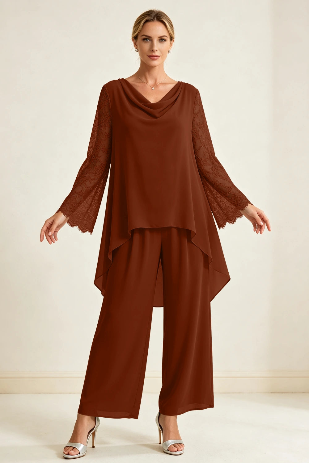 Dusty Sage Beaded Cowl Neck Chiffon Pant Suit