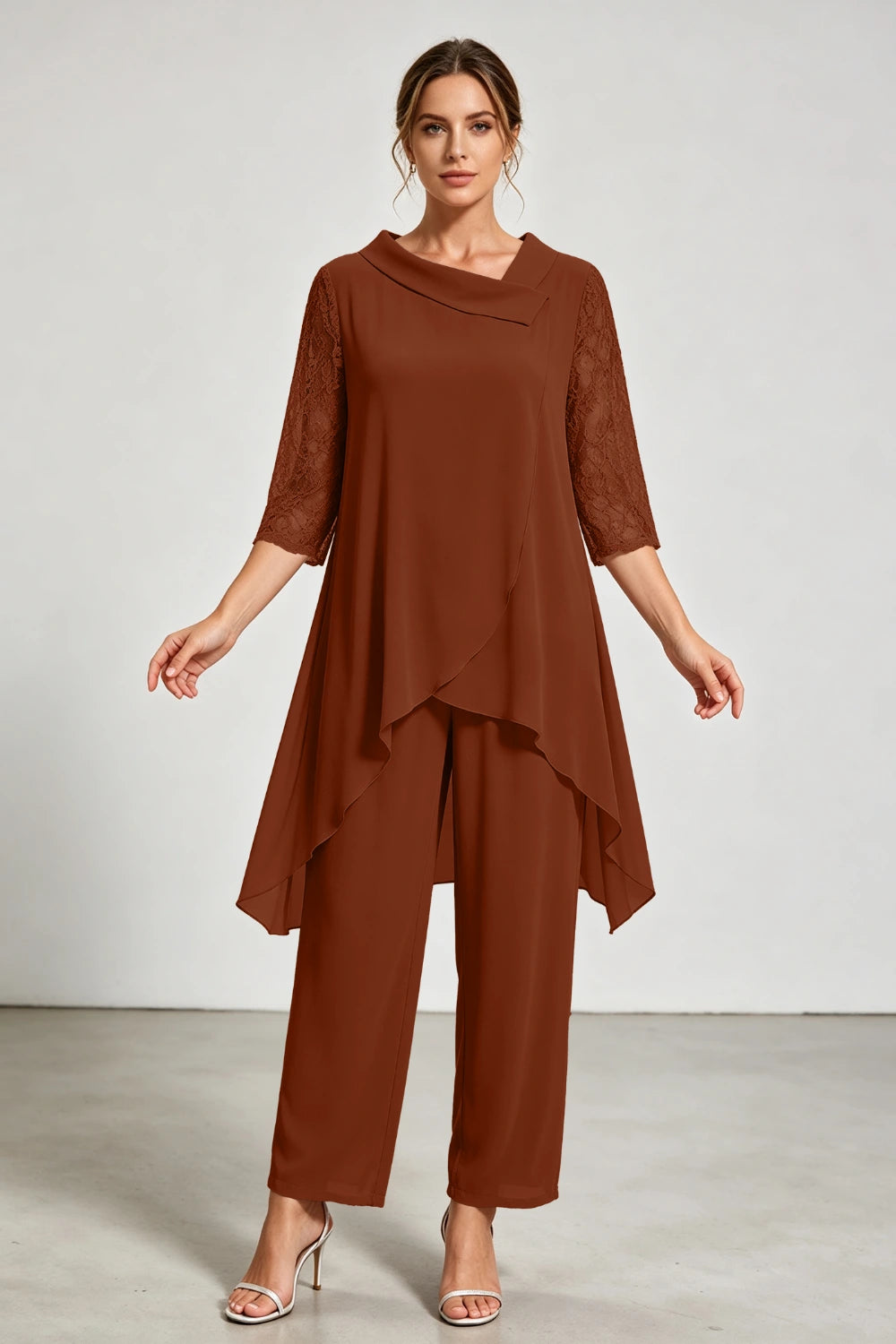 Beige Beaded Neck Lace Sleeve Chiffon Pant Suit