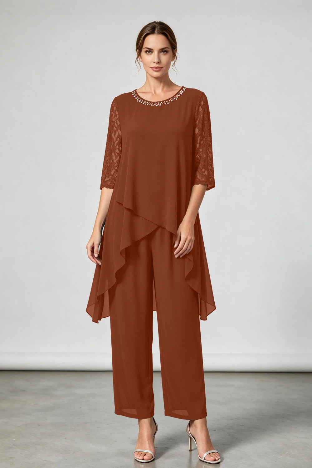 Peacock Blue Beaded-Neck Tiered Chiffon Pant Suit