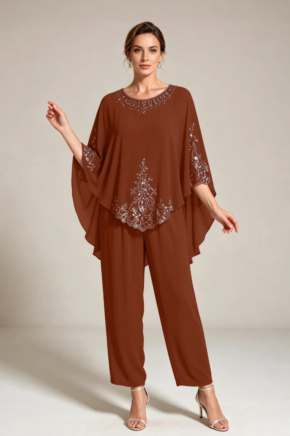 Beige Beaded-Lace Cape-Sleeve Chiffon Pant Suit