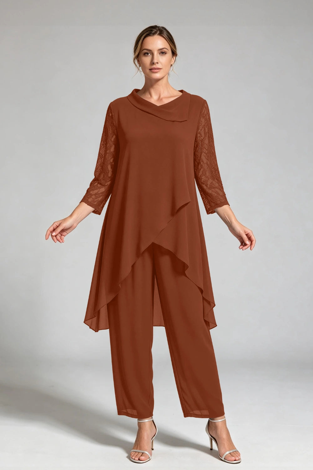 Peacock Blue Cowl Neck Lace Sleeve Chiffon Pant Suit