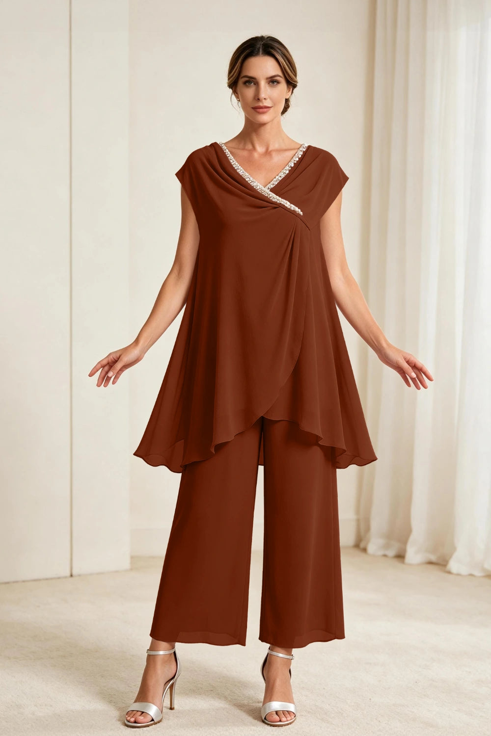 Dusty Rose Draped Asymmetric Chiffon Pant Suit