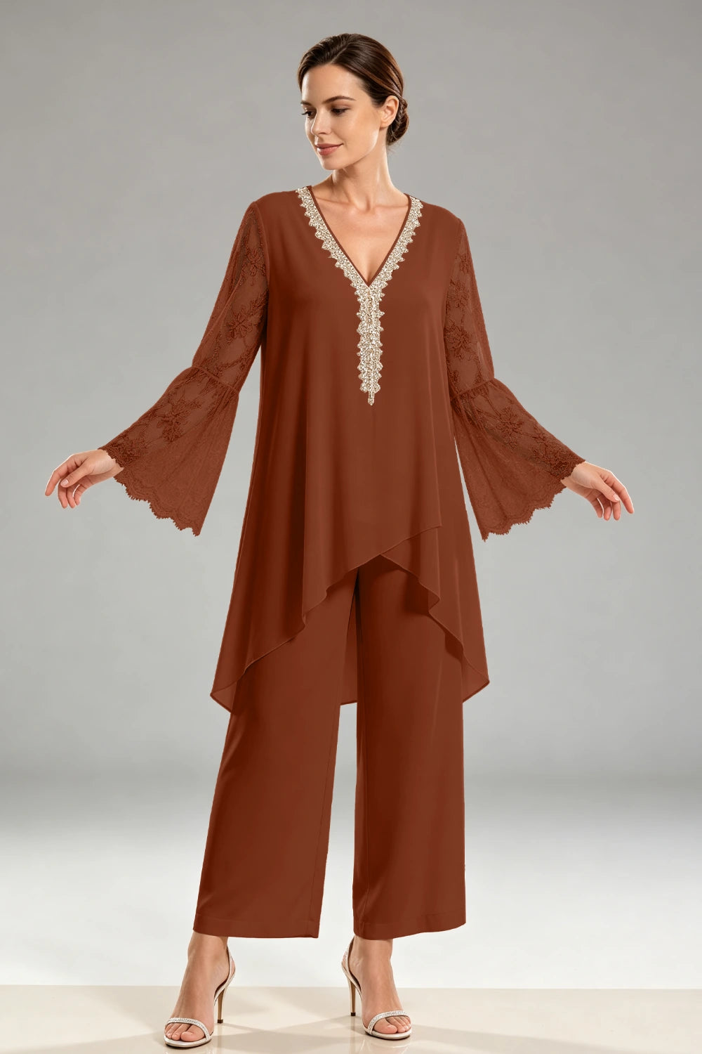Ivory Beaded Lace V Neck Chiffon Pant Suit