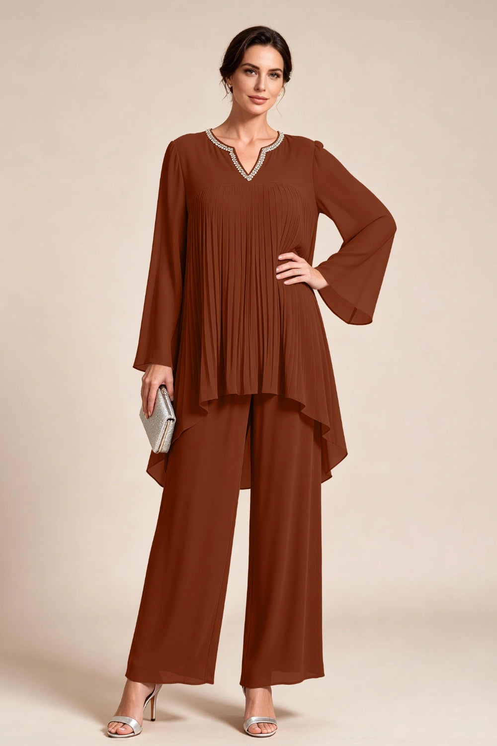 Beige Pleated-Bodice Chiffon Pant Suit