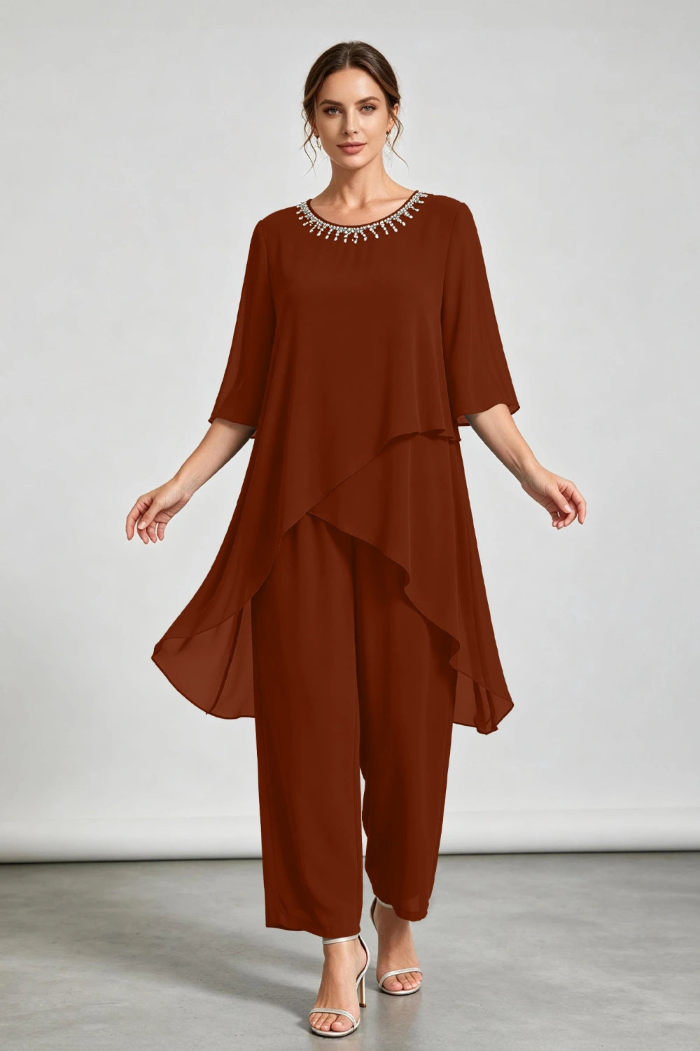 Peacock Blue Asymmetric Ruffle Chiffon Pant Suit