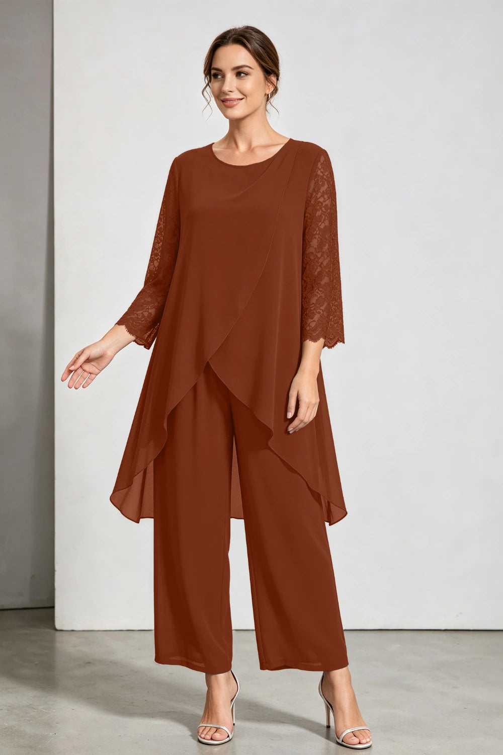 Peacock Blue Scoop Neck Tiered Chiffon Pant Suit