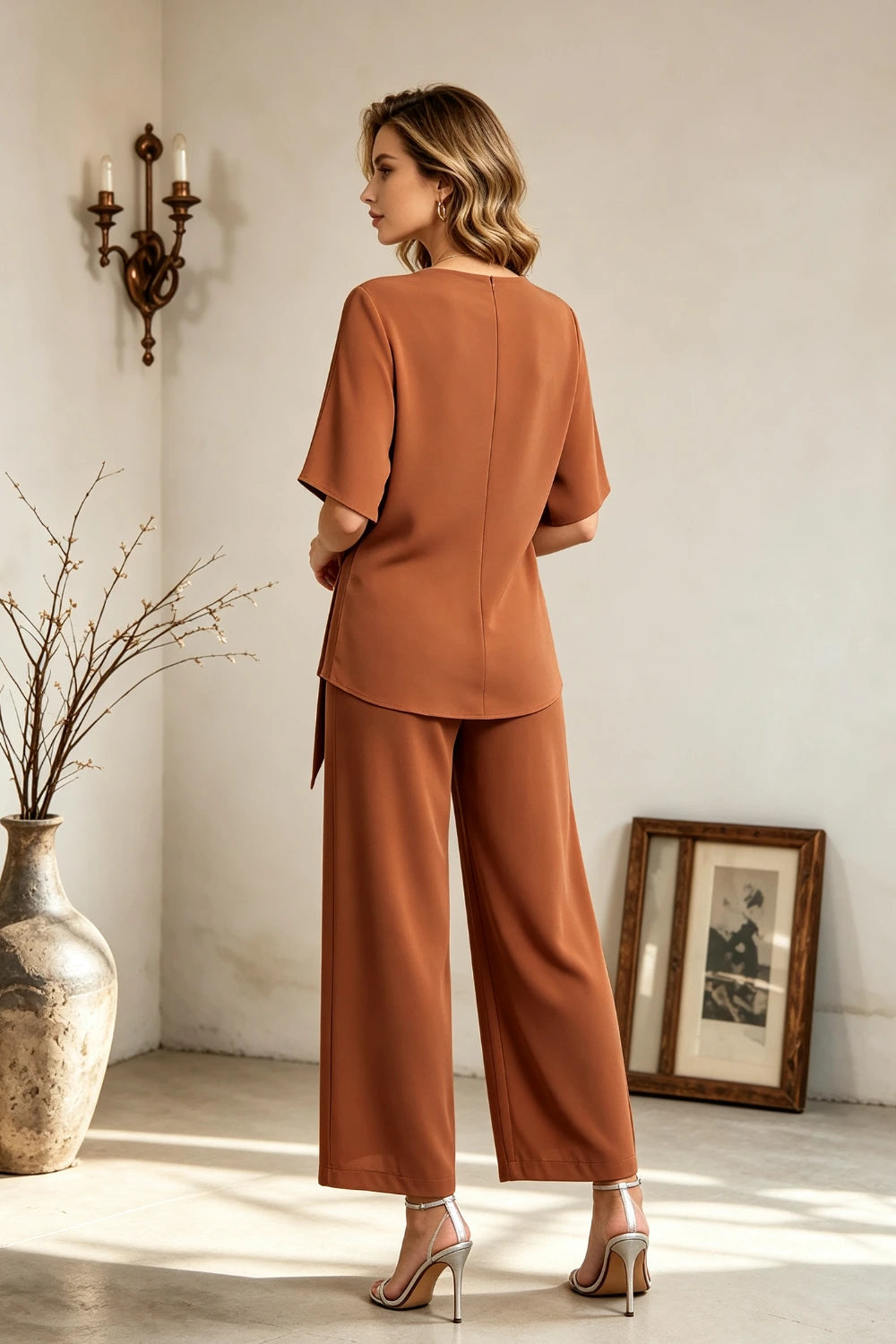Copper Brown V-Neck Side-Tie Chiffon Pant Suit