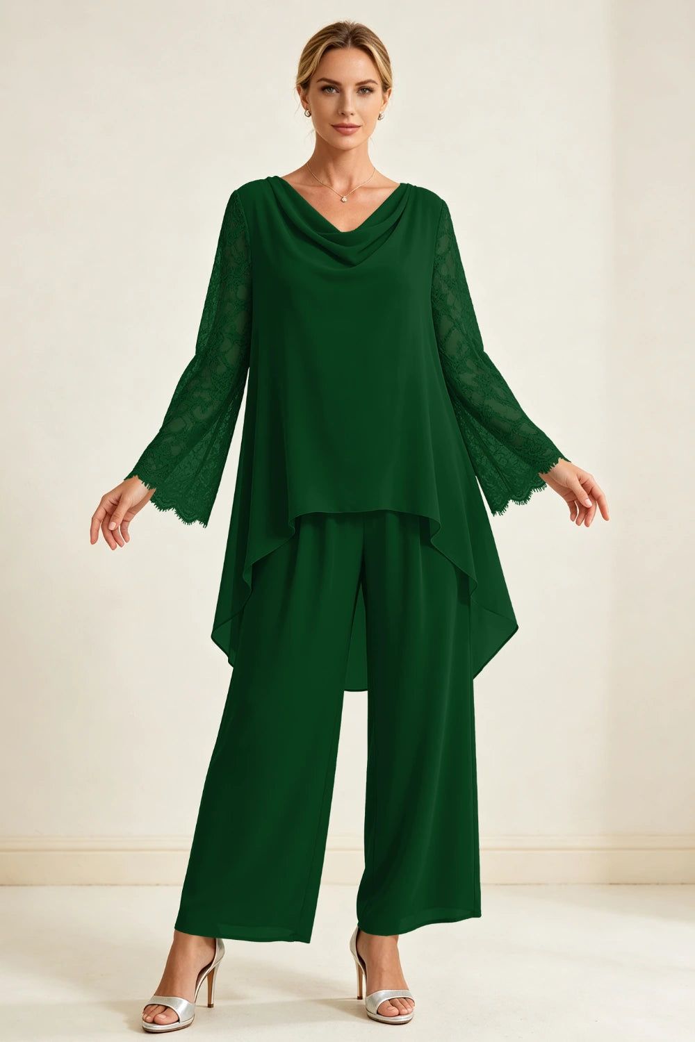 Dusty Sage Beaded Cowl Neck Chiffon Pant Suit